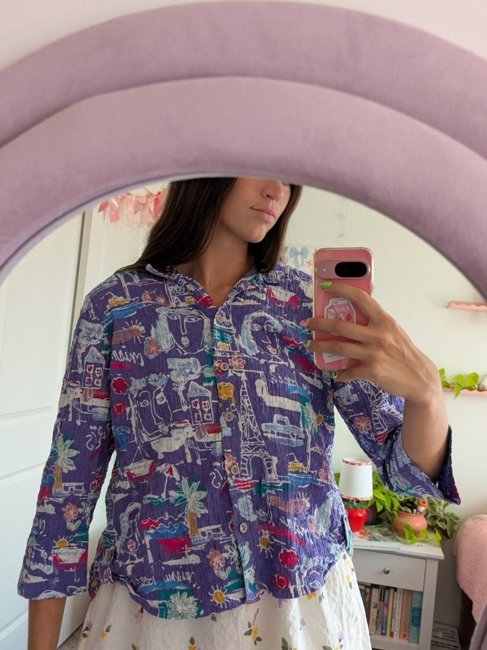 Habitat Purple Button-Down Top with Multicolor Sketch Print